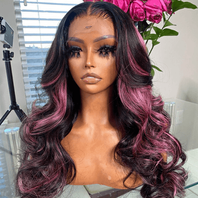 Highlight Purple Straight HD Transparent Lace Front Wig Highlights Pre Plucked Hairline Human Hair Wigs - GeetaHair