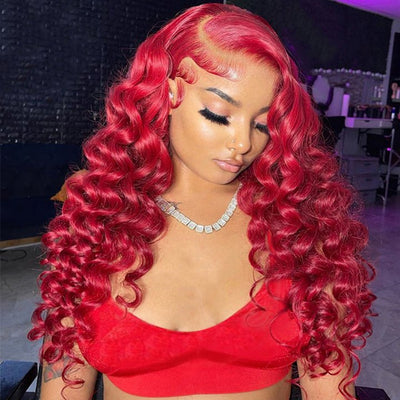 Red Loose Deep Wave Lace Front Wig Colored HD Transparent Lace Human Hair Wigs - GeetaHair