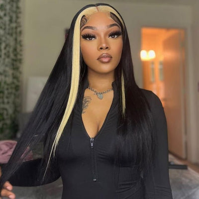 13x4 Lace Frontal Skunk Stripe Wig #613/Black Color Highlight Straight Hair Lace Front Wigs - GeetaHair - GeetaHair