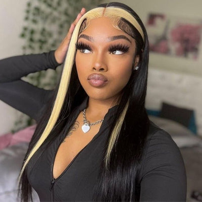 13x4 Lace Frontal Skunk Stripe Wig #613/Black Color Highlight Straight Hair Lace Front Wigs - GeetaHair - GeetaHair