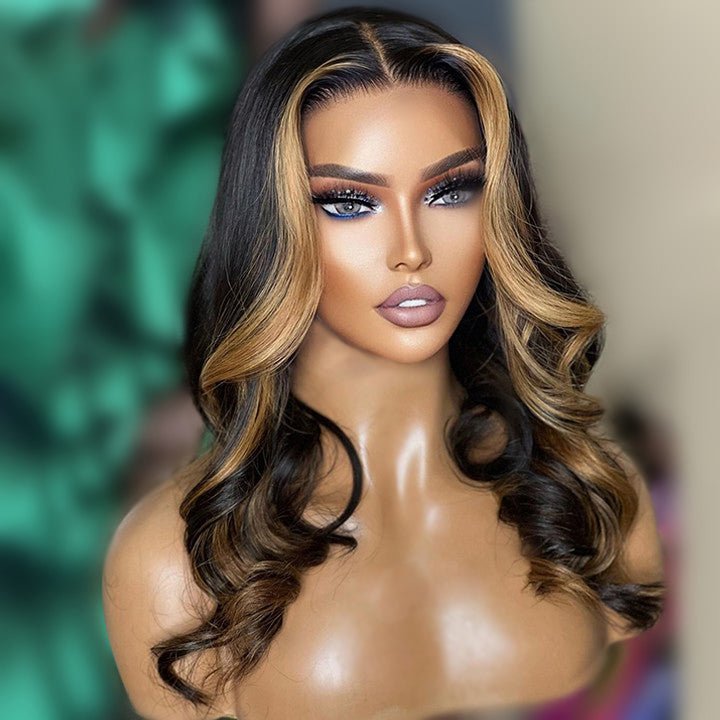 Skunk Stripe Highlight Wig Honey Blonde Body Wave Wig HD Lace Frontal Human Hair Wigs - GeetaHair