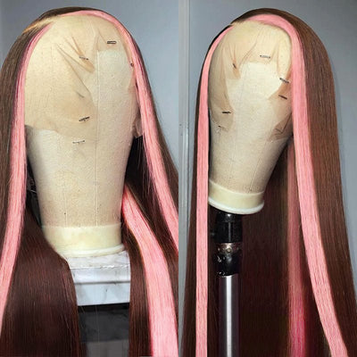 Skunk Stripe 13x4 Lace Front Wig #4 Chocolate Color With Pink Streaks Straight Hair HD Lace Wig 100% Human Hair With Free Part Lace Frontal - Geetahair - GeetaHair