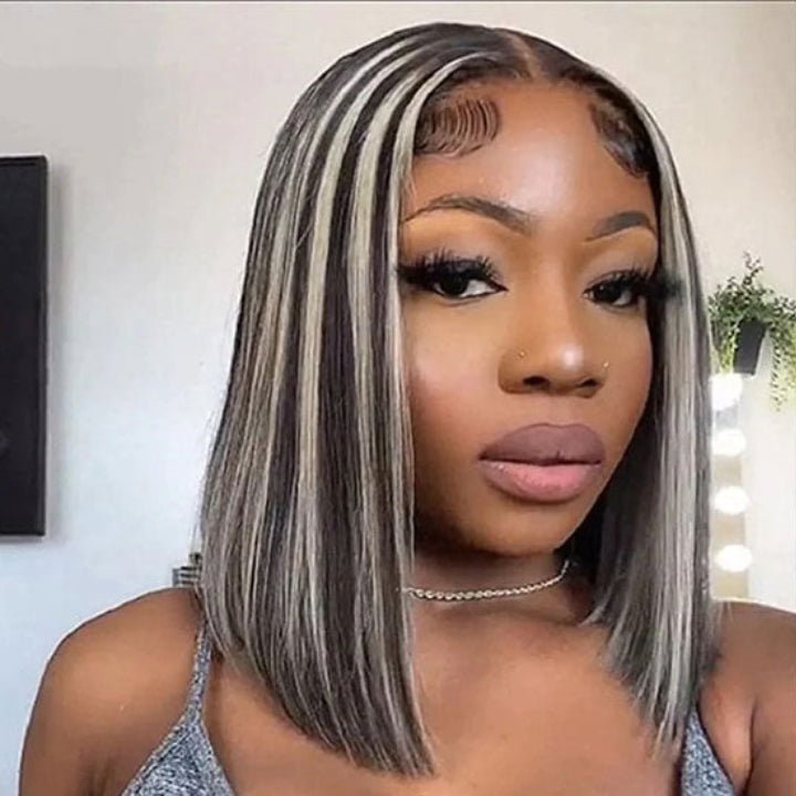 Platinum Highlight Grey 13x4/4x4 Lace Front Bob Wigs Highlights Color Brazilain Straight Human Hair Wigs - GeetaHair