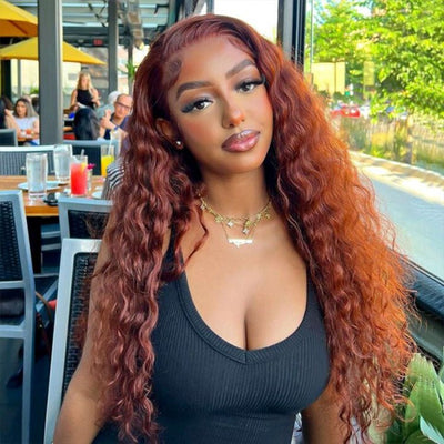 Reddish Brown Water Wave 13x4 Glueless HD Lace Front Wig Auburn Colored Transparent 5x5 Closure Lace Human Hair Wigs - GeetaHair