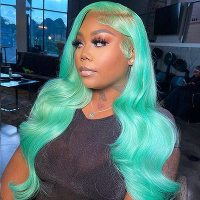Mint Green Body Wave Lace Front Wig Colored Glueless HD Transparent Lace Human Hair Wigs - Geeta Hair - GeetaHair