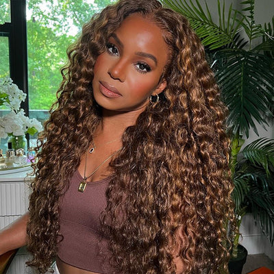 Highlight Piano Color Deep Wave Lace Front Wig Highlight Brown With Blonde Deep Curly Human Hair Wigs - GeetaHair