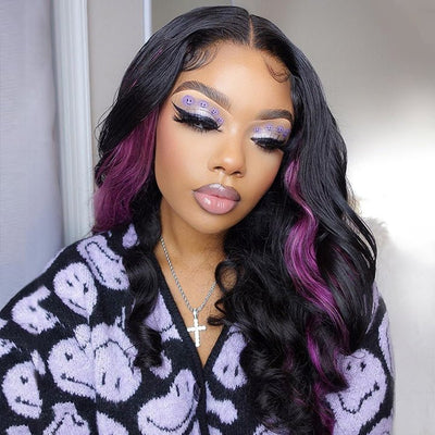 Skunk Stripe Hair Body Wave Lace Front Wig With Dark Purple Highlight HD Transparent Lace Human Hair Wigs - GeetaHair
