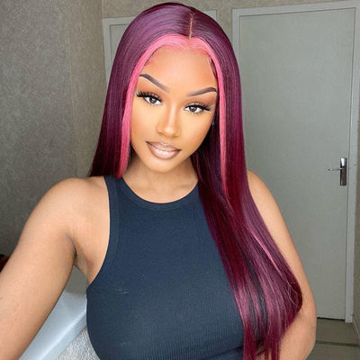 Stunk Stripe 13x4/4x4 HD Lace Wig 99J Burgundy Hair With Pink Streaks Highlight Straight Hair Lace Front Wig 100% Human Hair Lace Closure Wig - Geeta Hair - GeetaHair