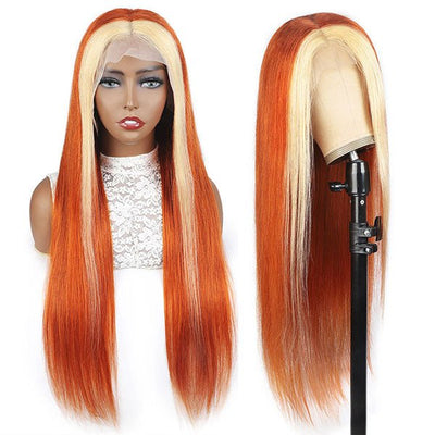 Tax Return Sale Ginger Color With #613 Blonde Streaks Skunk Stripe Wig Straight Hair Colored Wig Tranparent Lace Frontal 100% Virgin Human Hair Wig - Geeta Hair - GeetaHair