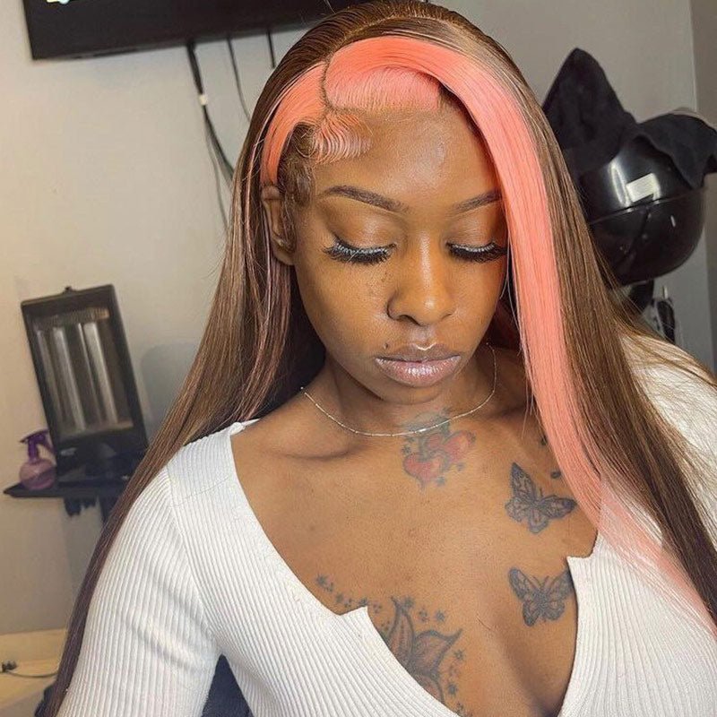 Skunk Stripe 13x4 Lace Front Wig #4 Chocolate Color With Pink Streaks Straight Hair HD Lace Wig 100% Human Hair With Free Part Lace Frontal - Geetahair - GeetaHair