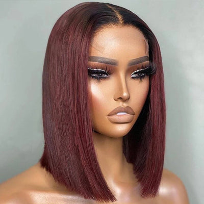 Straight Burgundy Glueless HD Lace Front Bob Wig with Black Roots 99j Colored Short Human Hair Bob Wigs - GeetaHair
