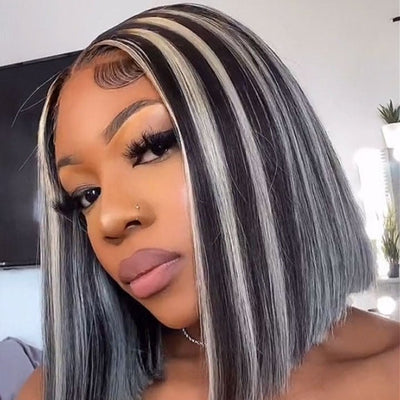 Platinum Highlight Grey 13x4/4x4 Lace Front Bob Wigs Highlights Color Brazilain Straight Human Hair Wigs - GeetaHair