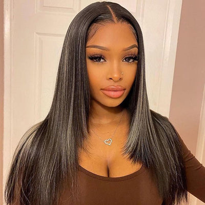 13x4/4x4 HD Lace Highlight Layered Straight Hair Wig Gray and Black Highlights Colored Butterfly Haircut Human Hair Wigs - Geeta Hair - GeetaHair
