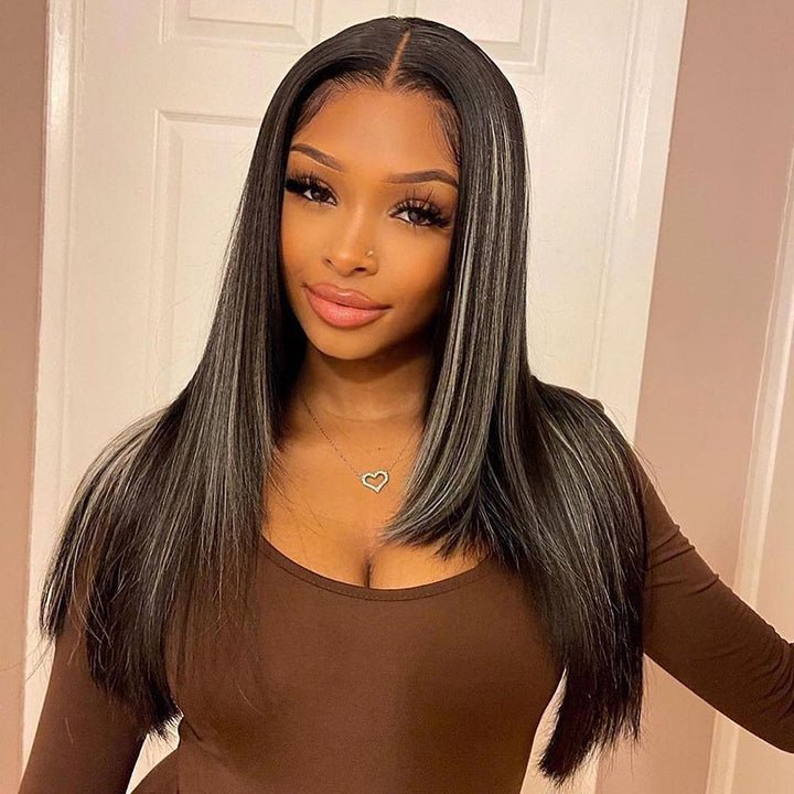 13x4/4x4 HD Lace Highlight Layered Straight Hair Wig Gray and Black Highlights Colored Butterfly Haircut Human Hair Wigs - Geeta Hair - GeetaHair