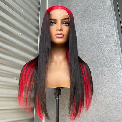 Sparkle Red Roots Long Straight Front Lace Wigs Colored Bone Straight Human Hair Wigs - GeetaHair