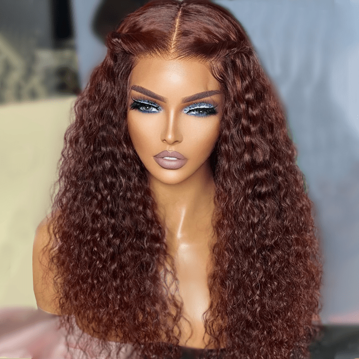 Reddish Brown Spanish Curly 13x4 HD Lace Front Wig Colored HD Transparent Lace Curly Human Hair Wigs - GeetaHair