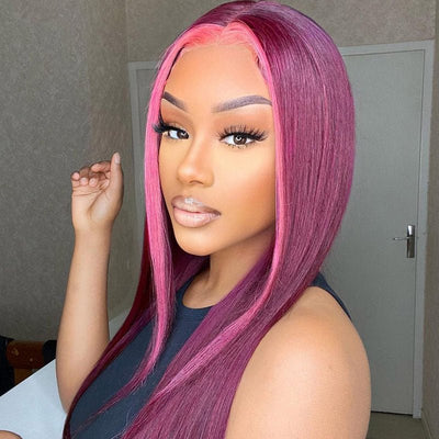 Stunk Stripe 13x4/4x4 HD Lace Wig 99J Burgundy Hair With Pink Streaks Highlight Straight Hair Lace Front Wig 100% Human Hair Lace Closure Wig - Geeta Hair - GeetaHair