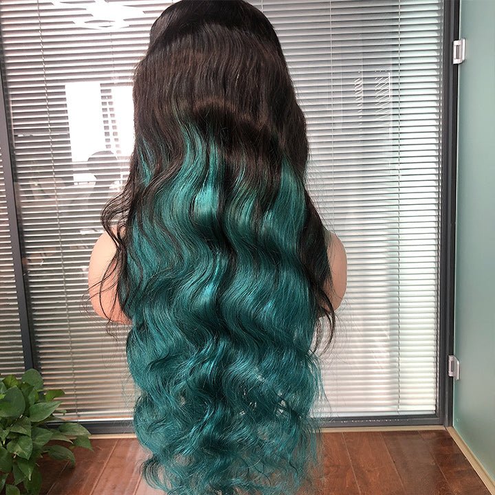 Skunk Stripe Hair Body Wave Lace Front Wig With Green Highlight HD Transparent Lace Human Hair Wigs - GeetaHair