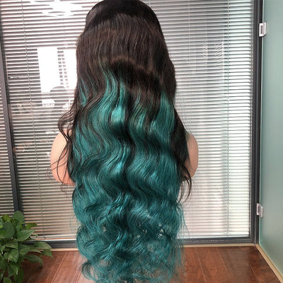 Skunk Stripe Hair Body Wave Lace Front Wig With Green Highlight HD Transparent Lace Human Hair Wigs - GeetaHair