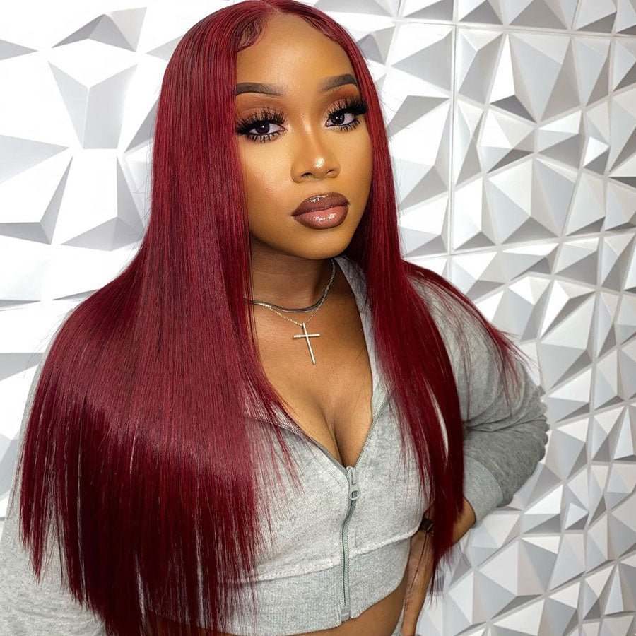 Long Straight Hair 99j Burgundy T Part Lace Front Wig Glueless Pre Plucked With Baby Hair 100% Virgin Human Hair Wig - Geeta Hair - GeetaHair