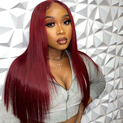 Long Straight Hair 99j Burgundy T Part Lace Front Wig Glueless Pre Plucked With Baby Hair 100% Virgin Human Hair Wig - Geeta Hair - GeetaHair