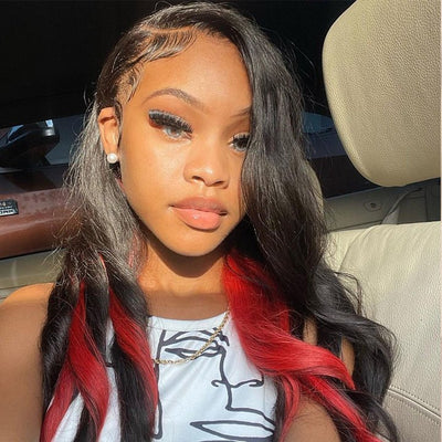 Red Skunk Stripe Hair Body Wave Lace Front Wig 99J Red Colored HD Transparent Lace Human Hair Wigs - GeetaHair