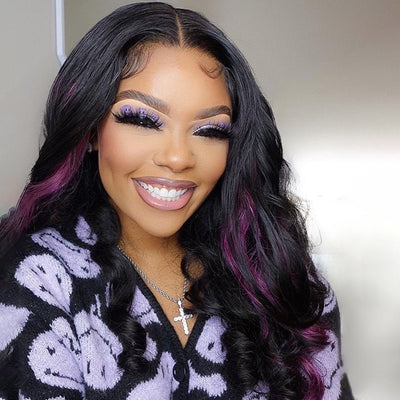 Skunk Stripe Hair Body Wave Lace Front Wig With Dark Purple Highlight HD Transparent Lace Human Hair Wigs - GeetaHair