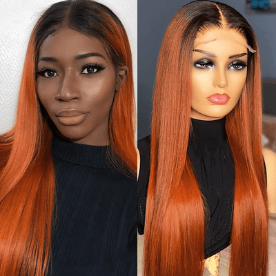 Ginger Color With Dark Roots Straight Lace Front Wig Colored Pre Plucked with Baby Hair Wigs - GeetaHair