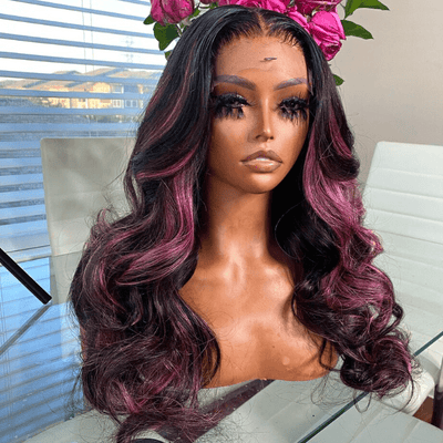 Highlight Purple Straight HD Transparent Lace Front Wig Highlights Pre Plucked Hairline Human Hair Wigs - GeetaHair