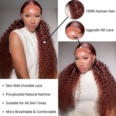Reddish Brown Jerry Curly 13x4 HD Lace Front Wig Auburn Transparent Lace Human Hair Wigs - GeetaHair