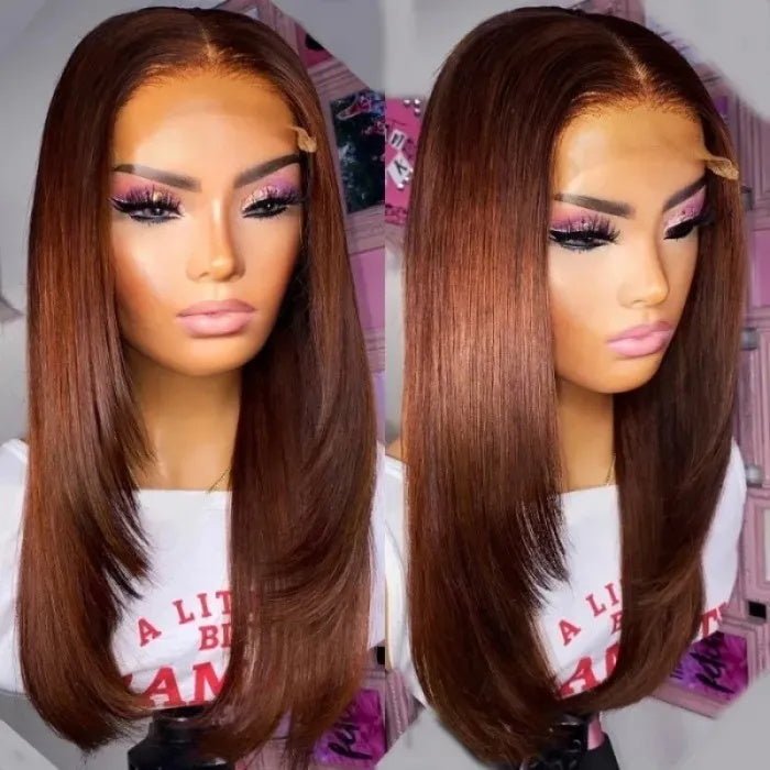 Ombre Brown Straight Layered Lace Front Wig 13x4/4x4 HD Lace Chocolate Brown Butterfly Haircut Human Hair Wigs - Geeta Hair - GeetaHair