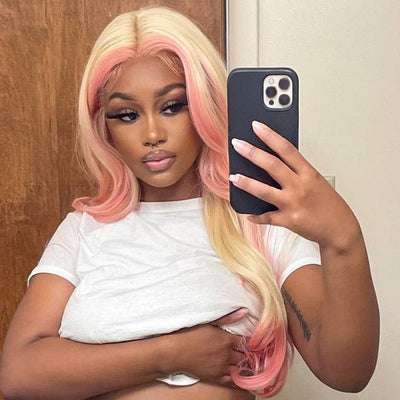 Skunk Stripe Hair Body Wave Lace Front Wig With Pink Highlight HD Transparent Lace Human Hair Wigs - GeetaHair