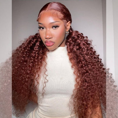 Reddish Brown Jerry Curly 13x4 HD Lace Front Wig Auburn Transparent Lace Human Hair Wigs - GeetaHair