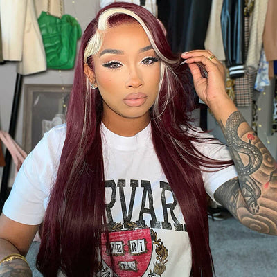 13x4 Lace Frontal Skunk Stripe Wig #613/99J Burgundy Color Highlight Body Wave/Straight Hair Lace Front Wigs - GeetaHair - GeetaHair