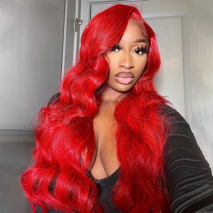 Red Body Wave HD Lace Front Wig Colored Glueless Pre Plucked Nature Hairline Human Hair Wigs - GeetaHair