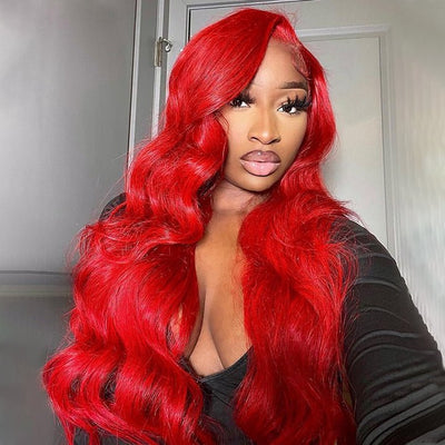Red Body Wave HD Lace Front Wig Colored Glueless Pre Plucked Nature Hairline Human Hair Wigs - GeetaHair
