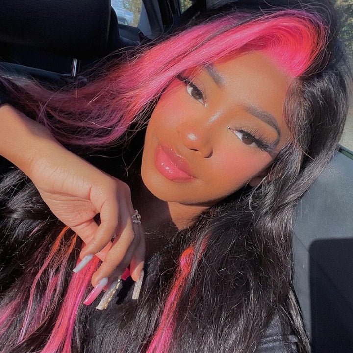 Skunk Stripe Peach Pink Straight 13x4 Lace Frontal Wig Invisible Transparent Lace Human Hair Wigs - GeetaHair - GeetaHair