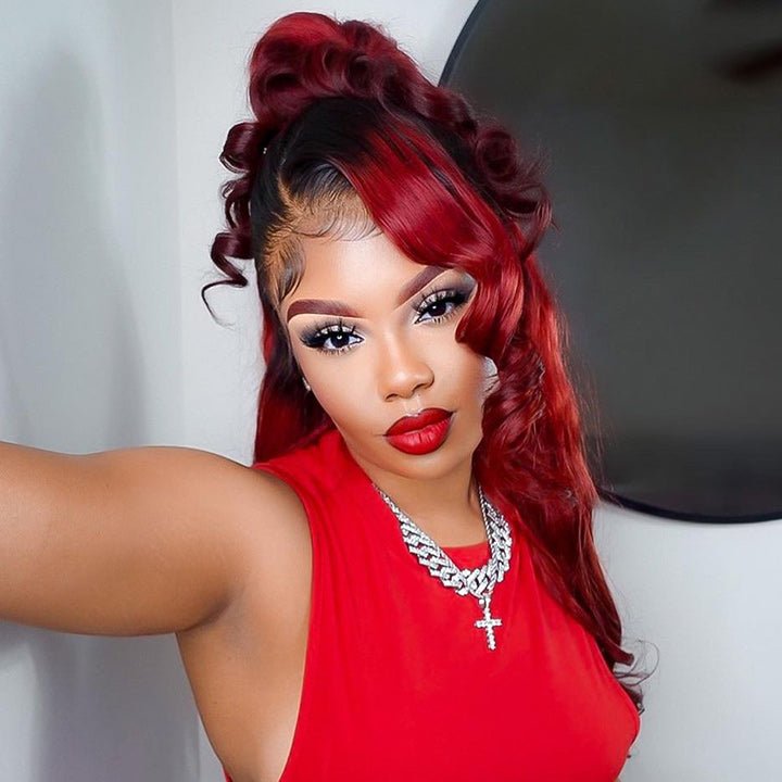 Ombre Red Loose Wave 13x4/4x4 HD Lace Wig Burgundy Pre Plucked Hairline Human Hair Wigs - GeetaHair
