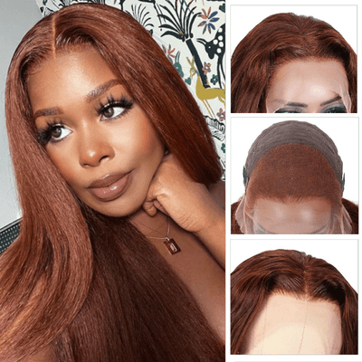 Reddish Brown 13x4/4x4 HD Transparent Lace Wig Kinky Straight Auburn Glueless Human Hair Wigs - GeetaHair