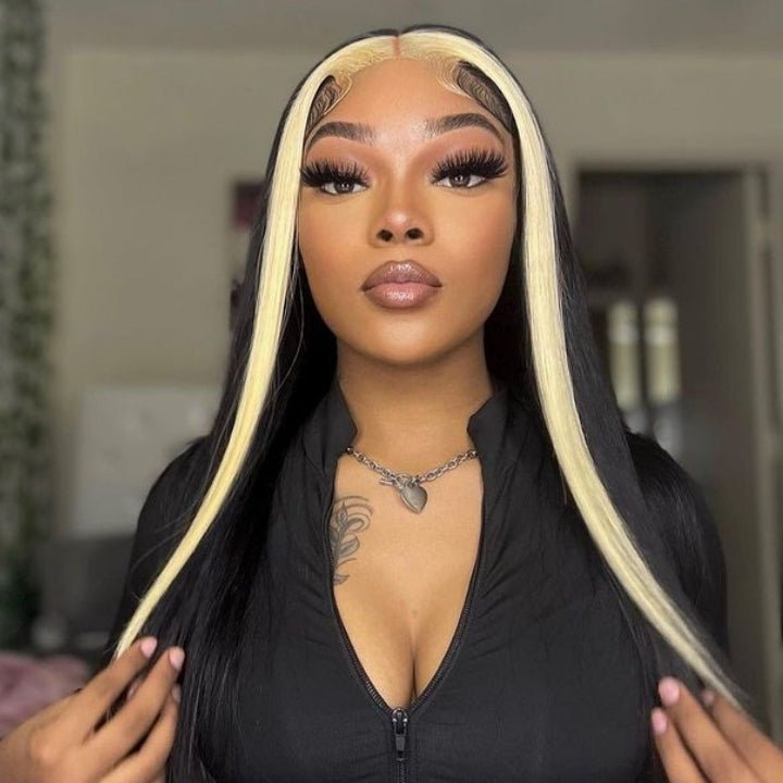 13x4 Lace Frontal Skunk Stripe Wig #613/Black Color Highlight Straight Hair Lace Front Wigs - GeetaHair - GeetaHair