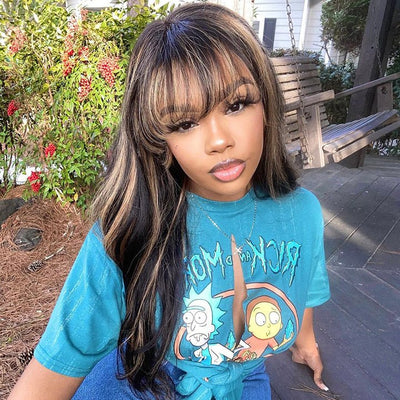 Highlight Brown Body Wave Human Hair Wigs with Bangs Colored HD Transparent Lace Wig - GeetaHair