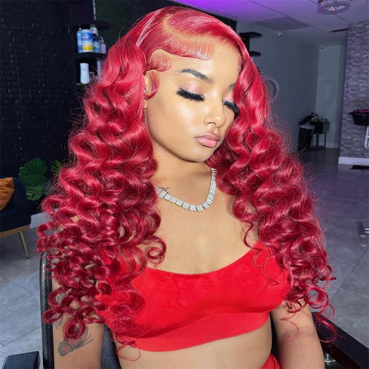 Tax Return Sale Red Loose Deep Wave Lace Front Wig Colored HD Transparent Lace Human Hair Wigs - GeetaHair