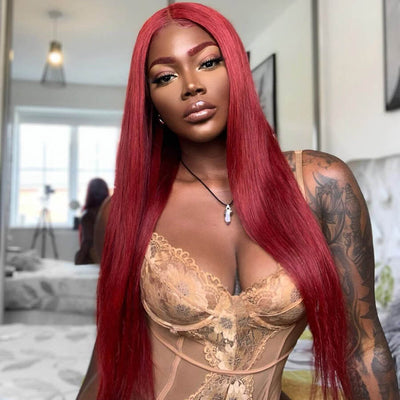 Long Straight Hair 99j Burgundy T Part Lace Front Wig Glueless Pre Plucked With Baby Hair 100% Virgin Human Hair Wig - Geeta Hair - GeetaHair