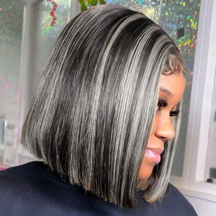 Platinum Highlight Grey 13x4/4x4 Lace Front Bob Wigs Highlights Color Brazilain Straight Human Hair Wigs - GeetaHair