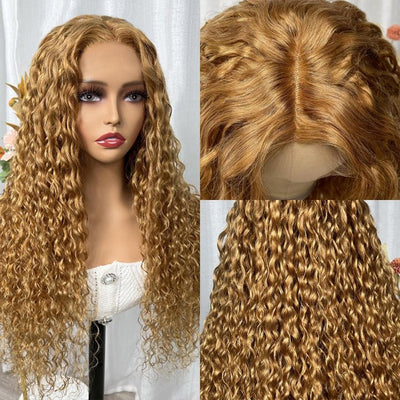 Honey Blonde Water Wave 13x4/4x4 HD Lace Frontal Wig Golden Brown Transparent Lace Human Hair Wigs - GeetaHair