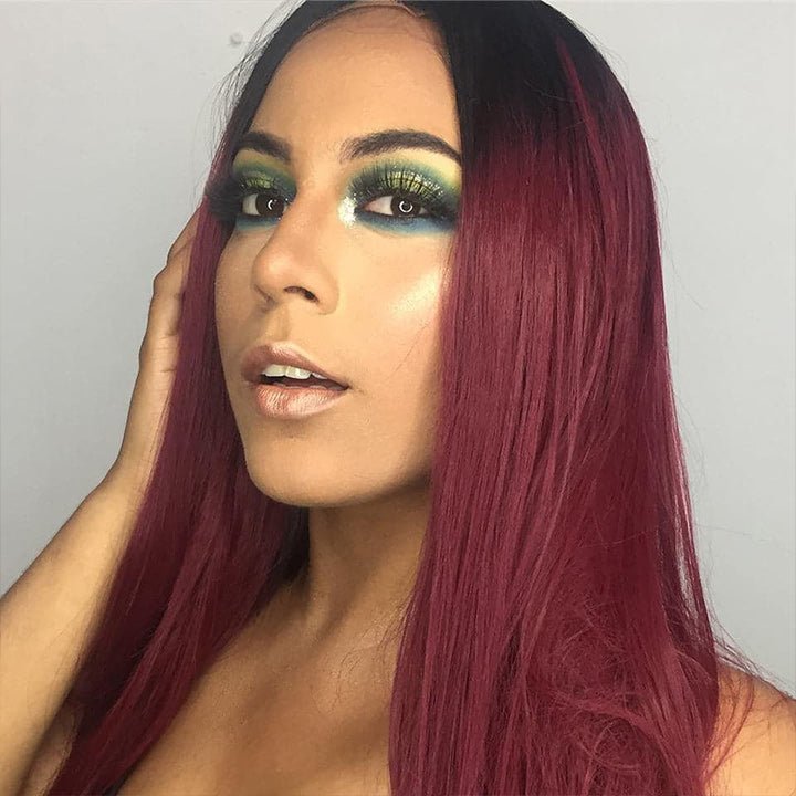 Burgundy Straight Glueless HD Lace Front Wig with Black Roots 99j Colored Long Human Hair Wigs - GeetaHair