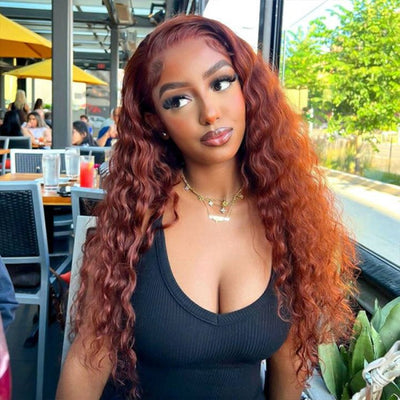 Reddish Brown Water Wave 13x4 Glueless HD Lace Front Wig Auburn Colored Transparent 5x5 Closure Lace Human Hair Wigs - GeetaHair