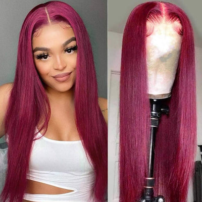Long Straight Hair 99j Burgundy T Part Lace Front Wig Glueless Pre Plucked With Baby Hair 100% Virgin Human Hair Wig - Geeta Hair - GeetaHair