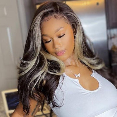 Skunk Stripe Hair Body Wave Lace Front Wig With Blonde Highlight HD Transparent Lace Human Hair Wigs - GeetaHair