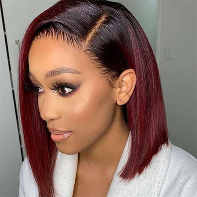 Straight Burgundy Glueless HD Lace Front Bob Wig with Black Roots 99j Colored Short Human Hair Bob Wigs - GeetaHair